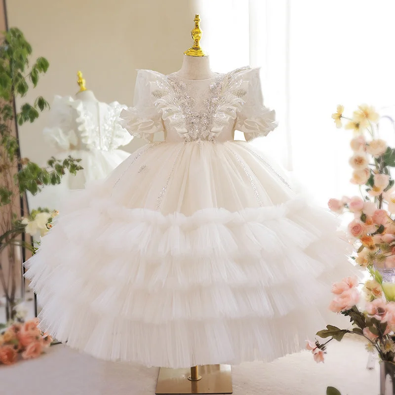 Discount Days Flower Girl Dress Toddler White Court Sequin Puffy Princess Christening Dress