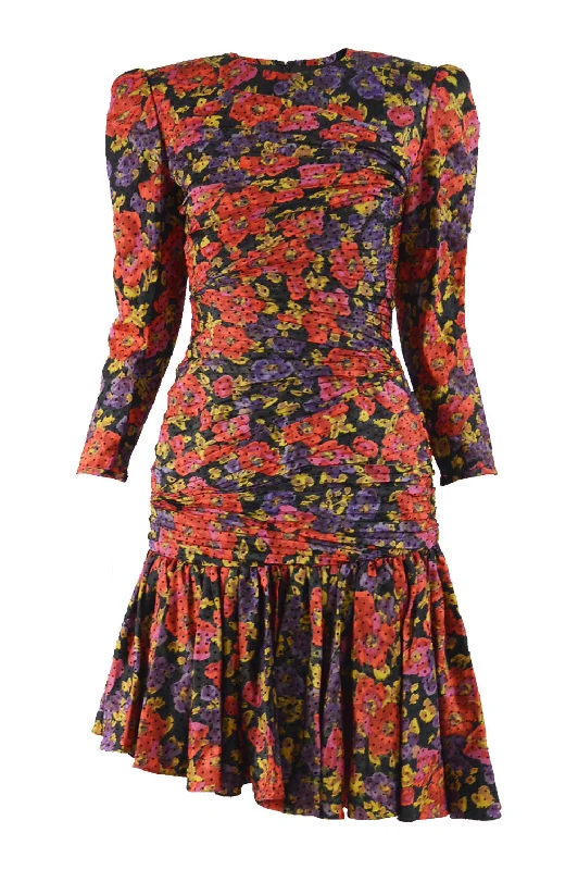 Midnight Sale Vintage Ruched Silk Floral Evening Dress, 1980s