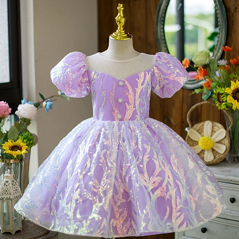Sale Event Flower Girl Dress Little Girl Puff Sleeves Summer Cute Sequins Cake Birthday Party Dress