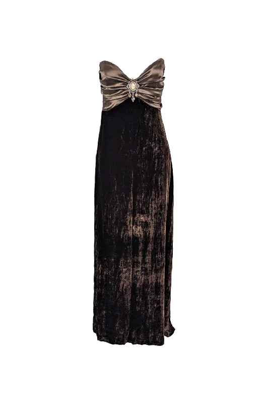 New Deals Vintage Brown Velvet & Satin Cameo Evening Dress, 1990s