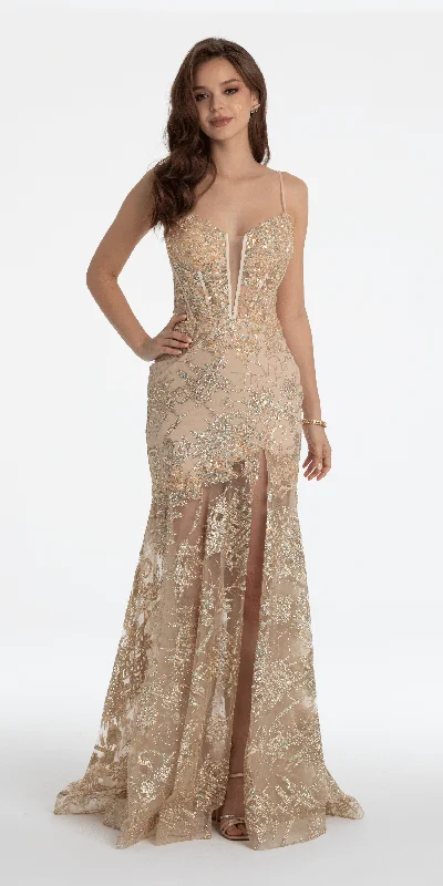 Illusion Plunge Corset Beaded Trumpet Dress