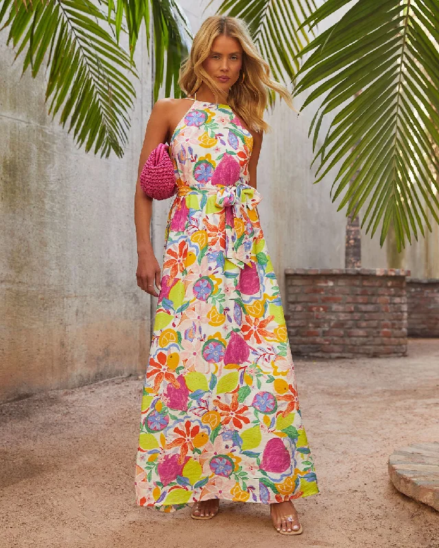 Belize Printed Satin Low Back Tie Waist Maxi Dress