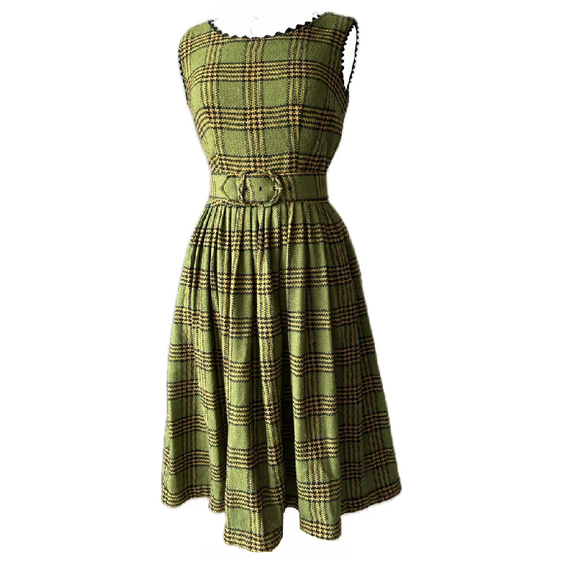 New Deals Avocado green, black and mustard tartan check vintage 1950s belted day dress New Deals Avocado green, black and mustard tartan check vintage 1950s belted day dress