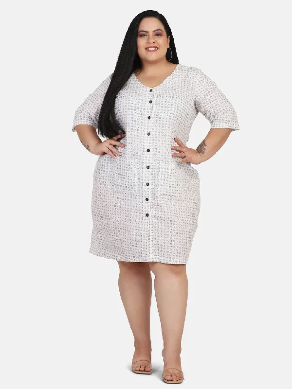 Deep Discounts Off White with Blue Print Linen Dress