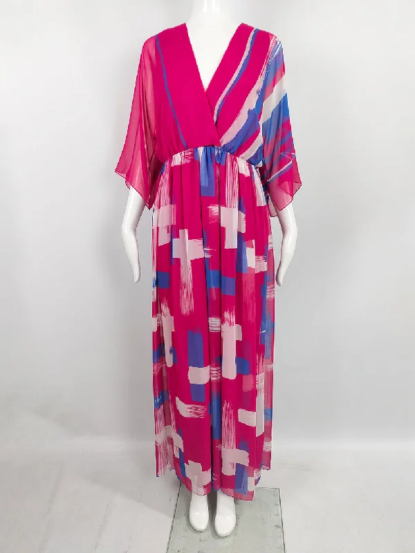 Markdowns Hanae Mori Vintage 1970s Pink Chiffon Kimono Sleeve Maxi Dress