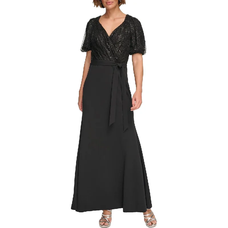 DKNY Womens Sequined Puff Sleeve Evening Dress