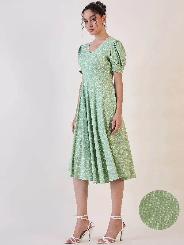Factory Direct Sale Olive Dotted Fit & Flare Dress