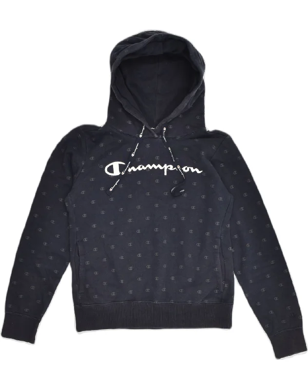 Sneak Peek Sale CHAMPION Womens Graphic Hoodie Jumper UK 10 Small  Navy Blue Cotton