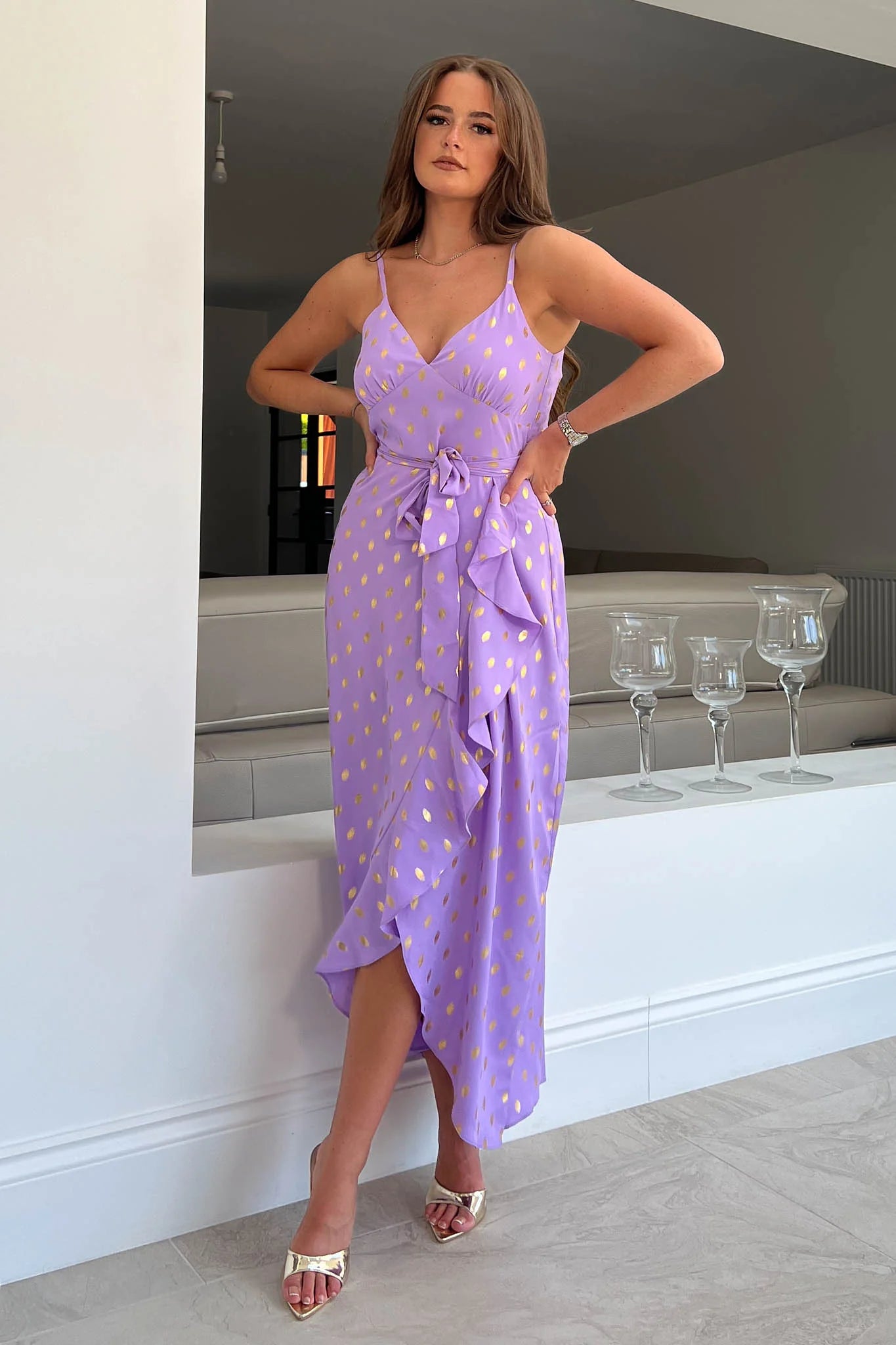 Deal Dash Girl in Mind Isadora Lilac with Gold Foil Cami Frill Detail Maxi Dress