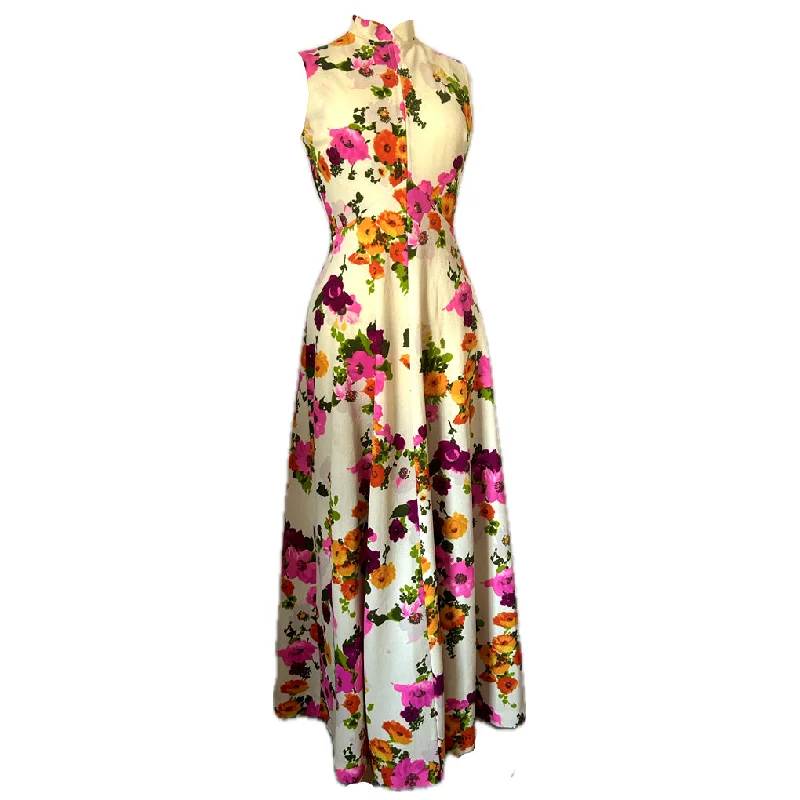 TIME-Limited Offer Cream, pink and orange floral vintage 1970s maxi dress
