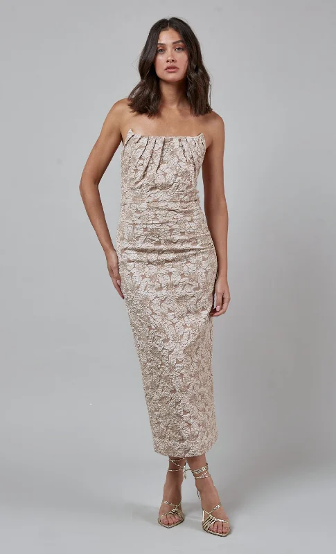 Act Now Beige Corset Textured Midi Dress