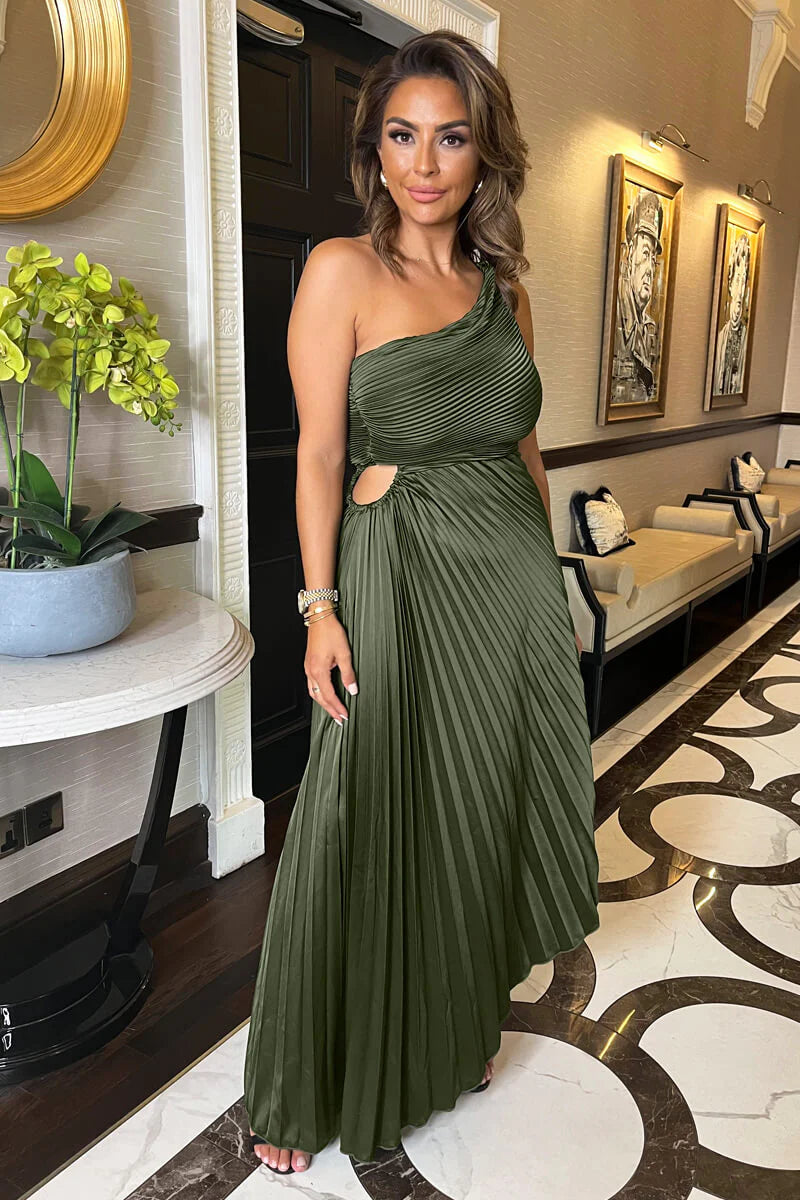 Inventory Reduction AX Paris Olive One Shoulder Pleated Satin Midi Dress