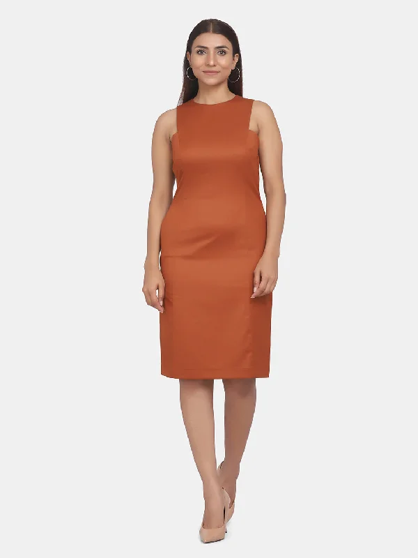 Midnight Madness Sleeveless Formal Straight Dress For Work - Burnt Orange