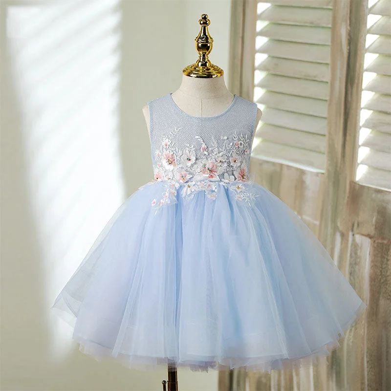 Mega Deal Toddler Prom Dress Girl Embroidery Flower Light Blue Sleeveless Embroidery Party Princess Dress