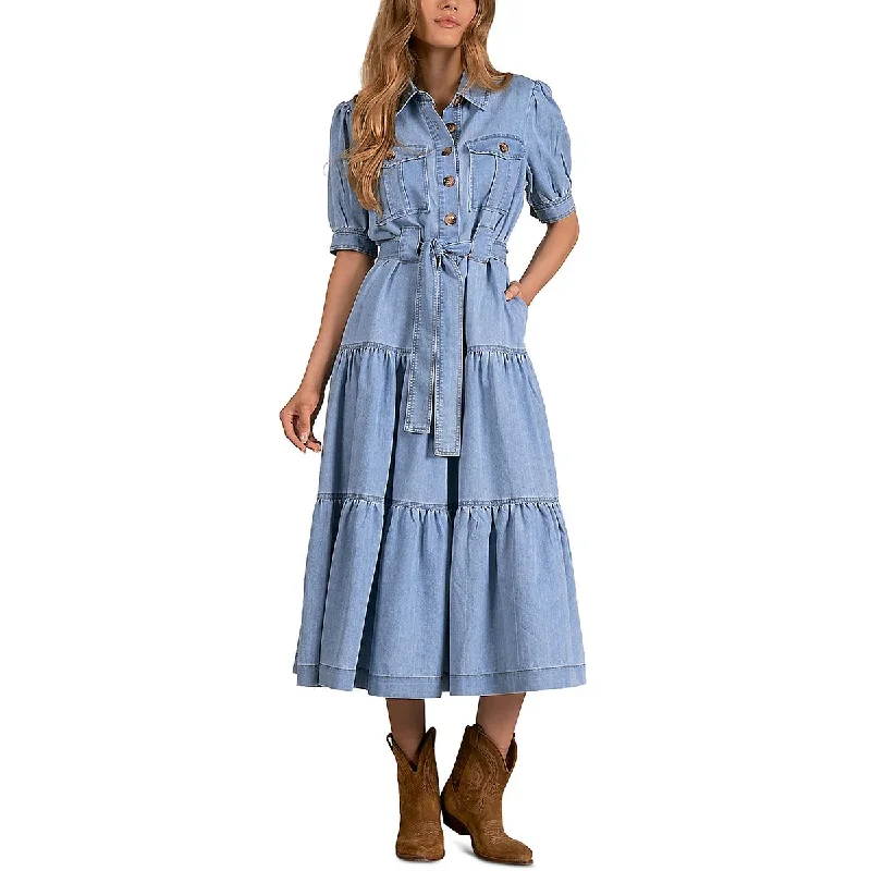 Elan Womens Tiered Puff Sleeve Shirtdress