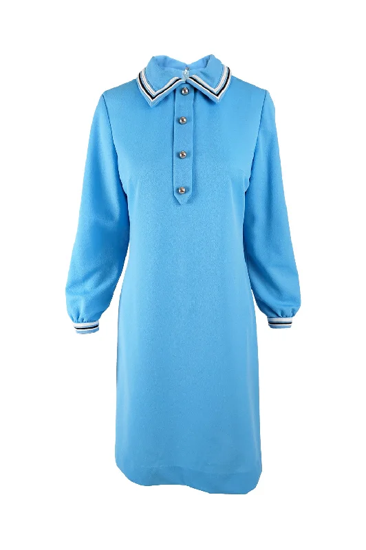 Online Only Vintage 1960s Blue Polyester Knit Shift Dress