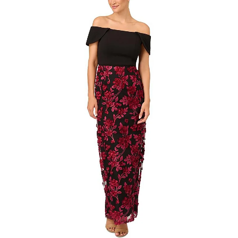 Adrianna Papell Womens Floral Off-The-Shoulder Evening Dress