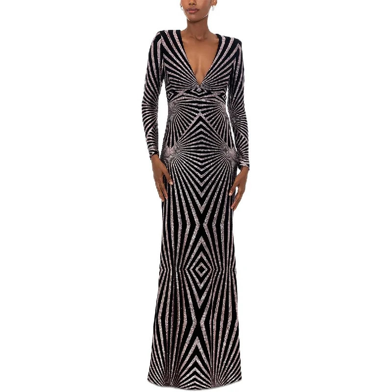 Betsy & Adam Womens Glitter Padded Shoulder Evening Dress