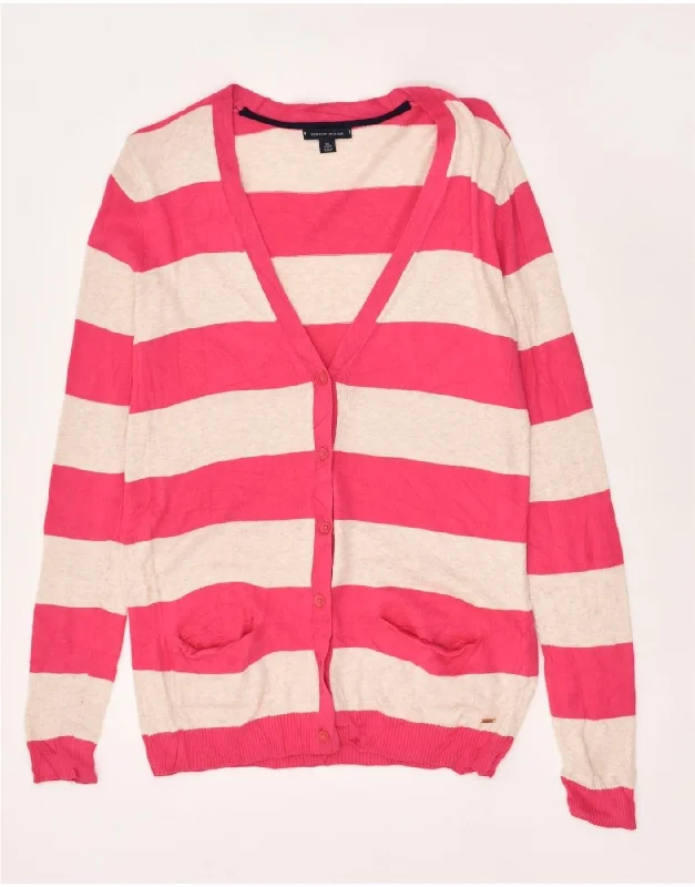 Weekend Special TOMMY HILFIGER Womens Cardigan Sweater UK 6 XS Pink Striped Cotton