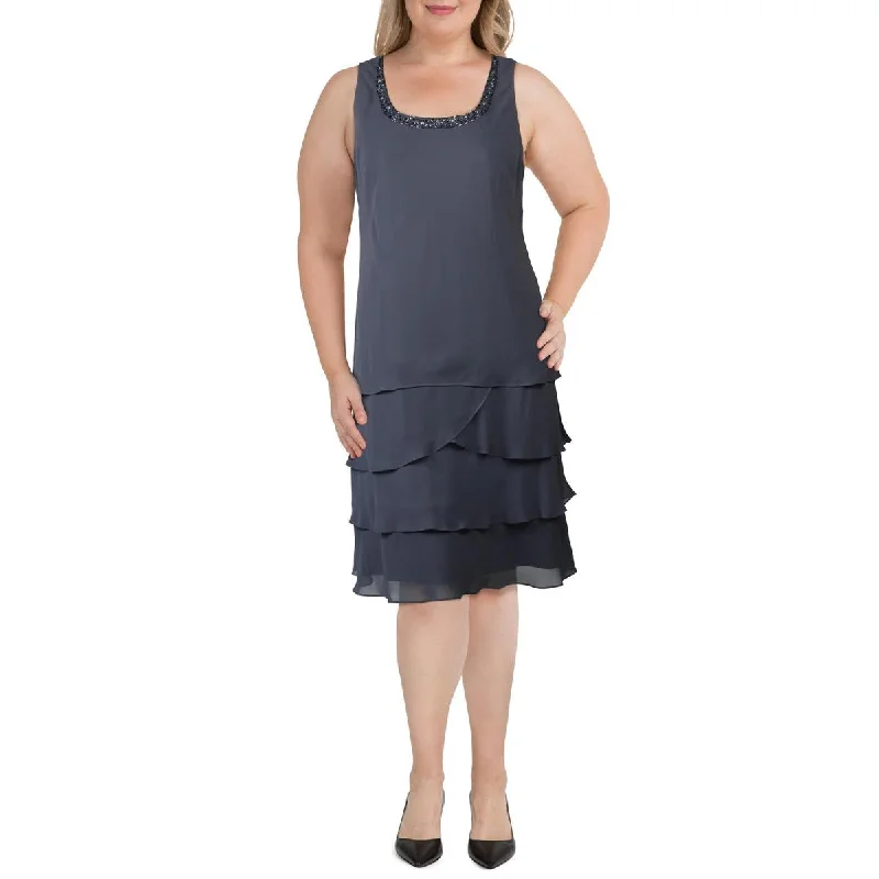 SLNY Womens Chiffon Tiered Cocktail Dress