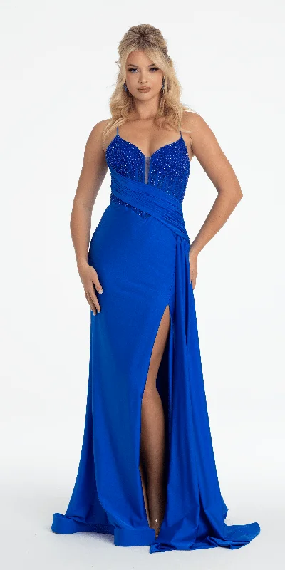 Beaded Corset Lace Up Back Trumpet Dress with Side Drape