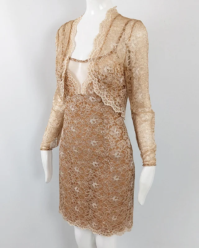 Year-End Clearance Jiki of Monte Carlo Vintage Sexy Tan Lace Dress & Shrug Ensemble