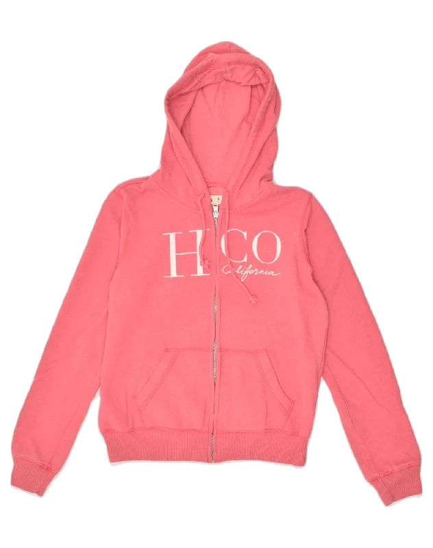 Don't Wait HOLLISTER Womens Zip Hoodie Sweater UK 14 Medium Pink Cotton