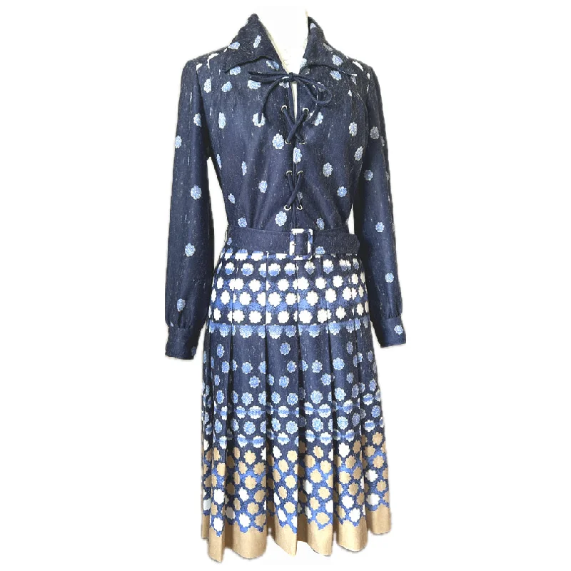 Markdowns Lace-up bodice vintage 1970s blue marl flower motif day dress
