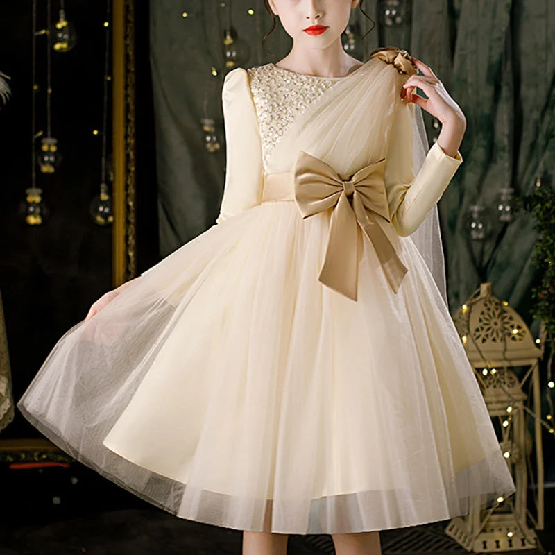 Year-End Clearance Flower Girl Dress Toddler Retro Dress Long Sleeve Sequin Bow Princess Dress