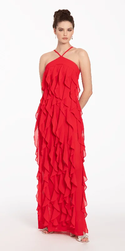 Chiffon Halter Neck Ruffle Dress