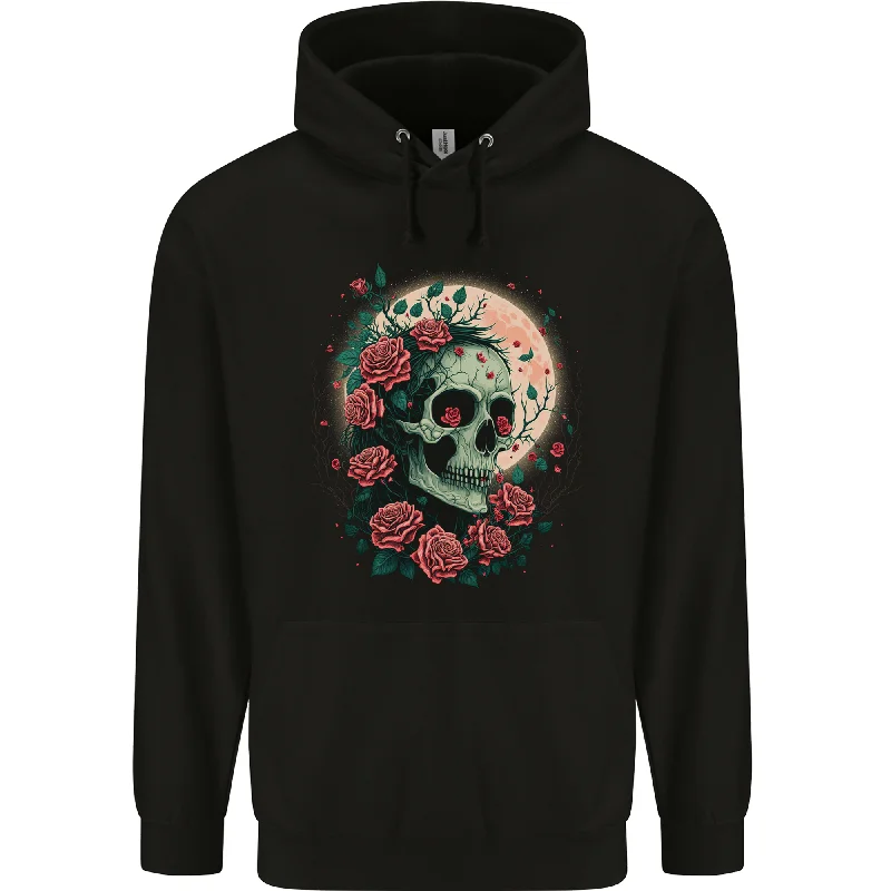 Quick Sale Death at Moon Skull With Roses at Night Gothic Mens 80% Cotton Hoodie