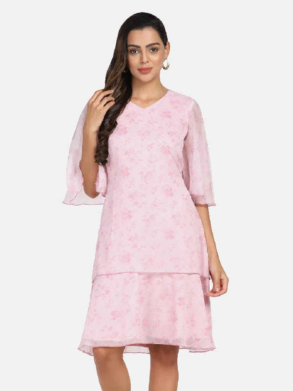 Seasonal Sale Floral Print Chiffon A line Dress - Pink