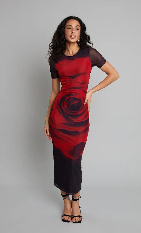 New Deals Print Digital Rose Mesh Maxi Dress