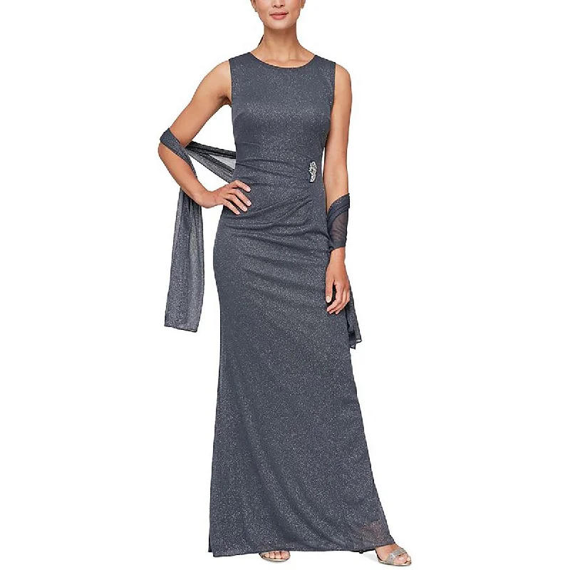 SLNY Womens Petites Glitter Maxi Evening Dress