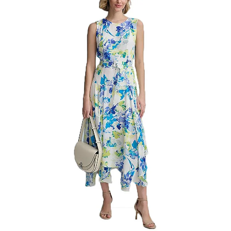 Calvin Klein Womens Handkerchief Hem Floral Printed Fit & Flare Dress