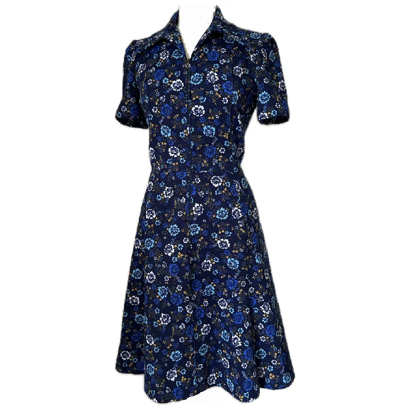 Daily Specials Navy blue floral print short sleeved 1970s day dress