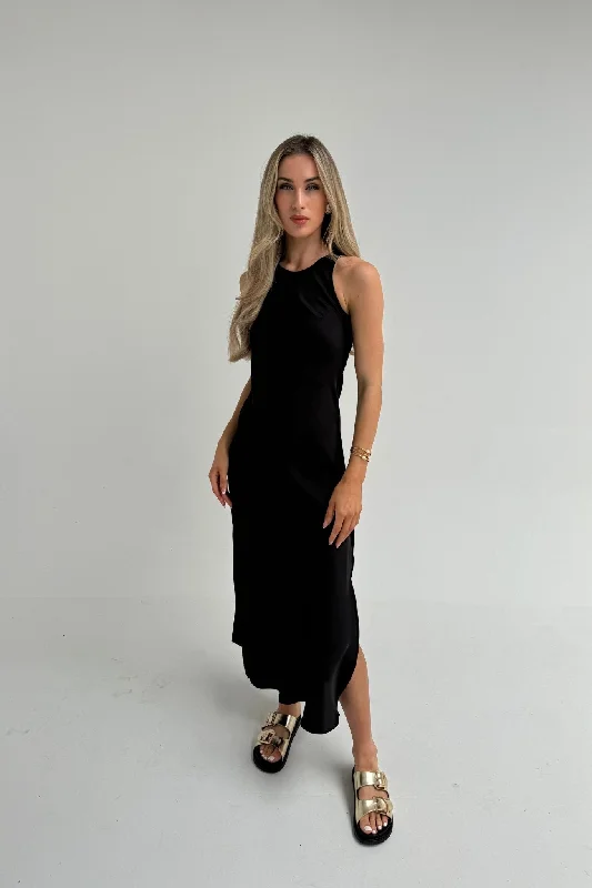 Deal Explosion Elsa High Neck Satin Dress In Black
