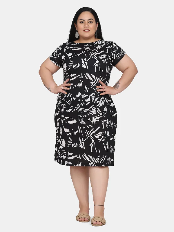 Quick Sale Printed Cotton Straight Formal Dress for Women - Black
