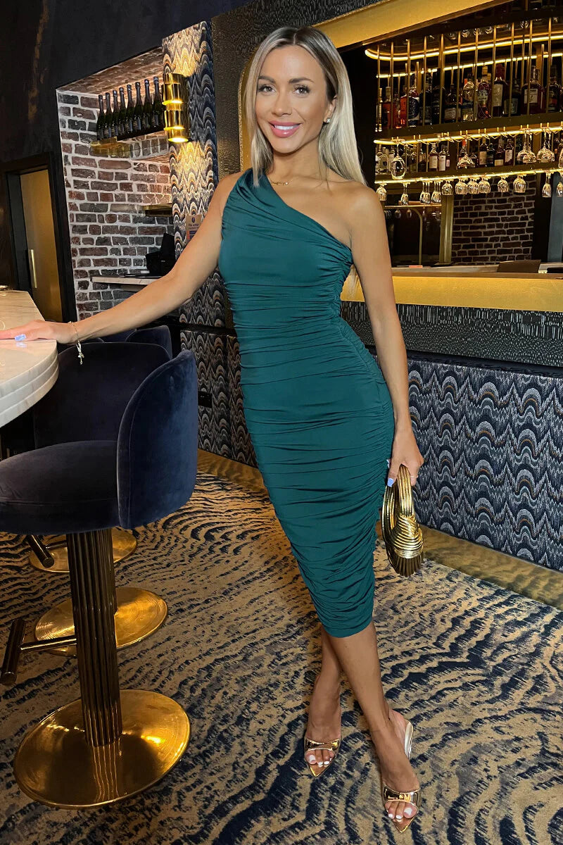 Epic Deals AX Paris Teal One Shoulder Bodycon Ruched Midi Dress