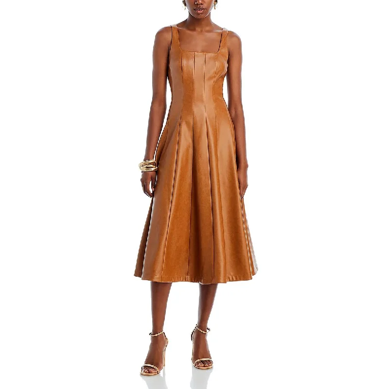 Avec Les Filles Womens Faux Leather Seamed Midi Dress