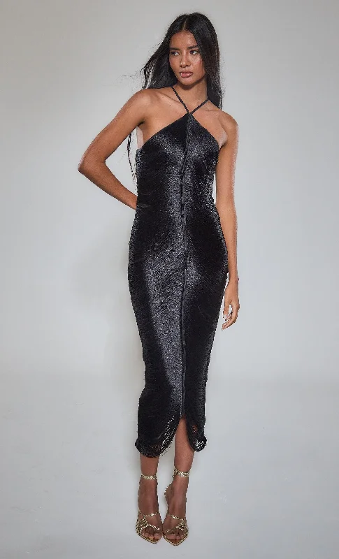 Flash Sale Black Fringe Detail Halter Maxi Dress