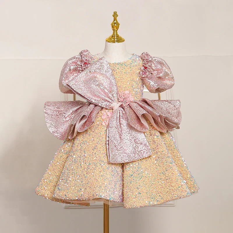 The Best Prices Toddler Prom Dress Girl Luxurious Sequin Big Bow Puff Sleeves Princess Birthday Dress