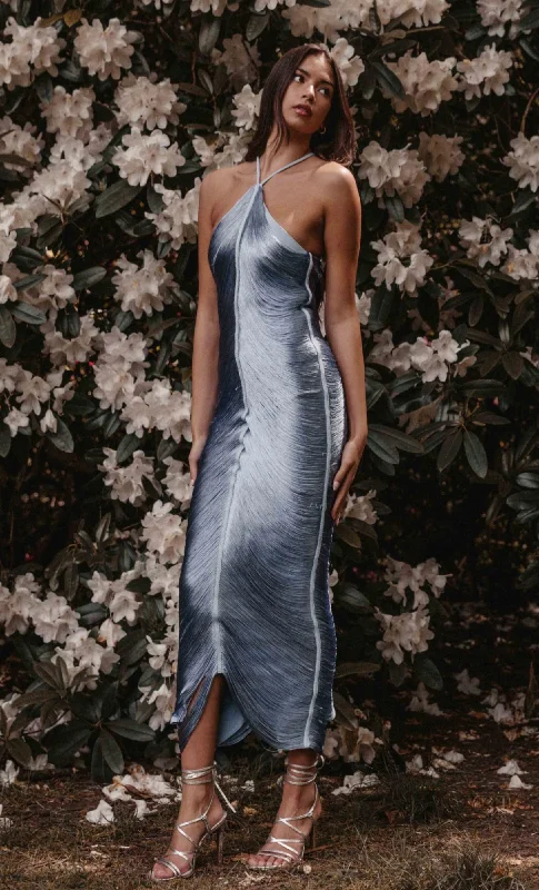 Year-End Sale Baby Blue Fringe Detail Halter Maxi Dress