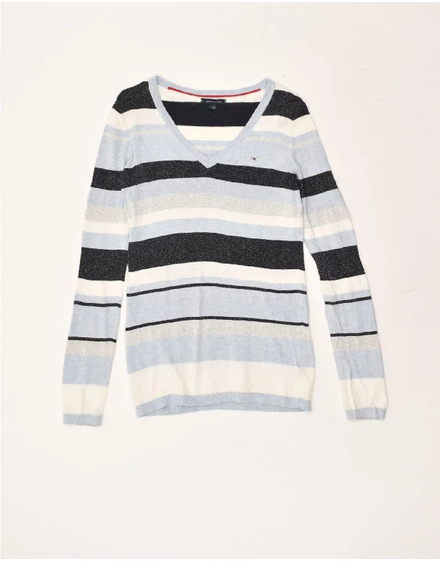 TOMMY HILFIGER Womens V-Neck Jumper Sweater UK 2 2XS Blue Striped Cotton