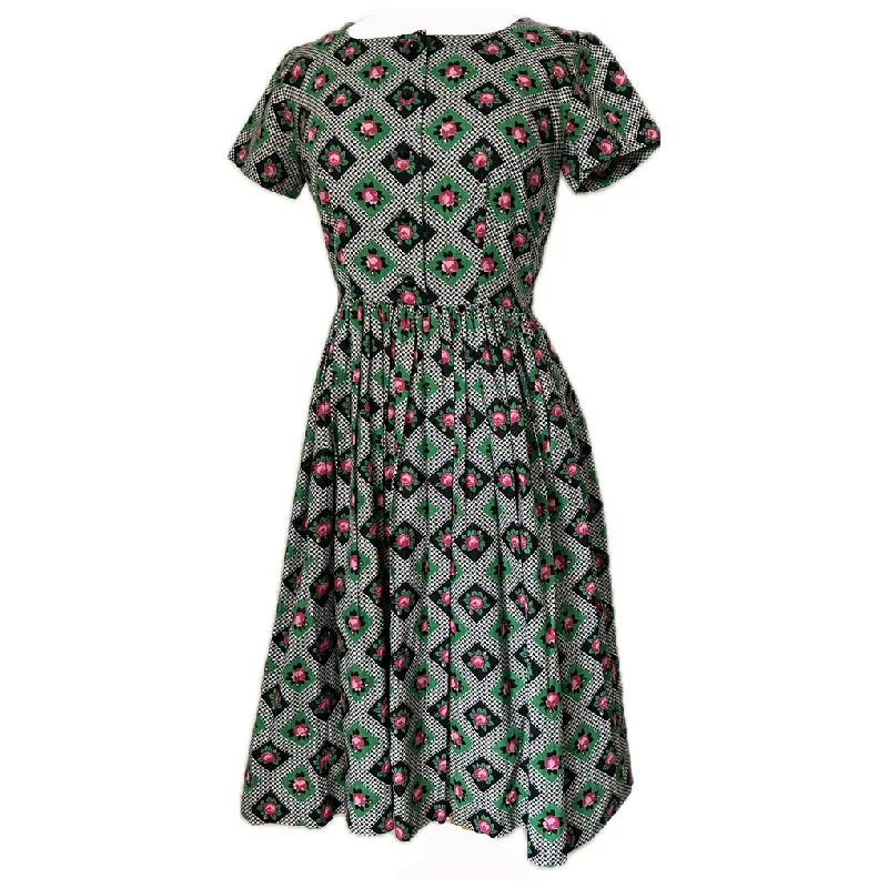 Special Promotion Harlequin check rose print vintage 1950s cotton day dress