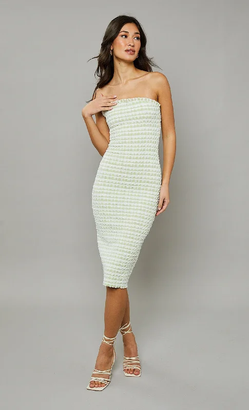 Members Only Green Checker Textured Bandeau Midi Dress