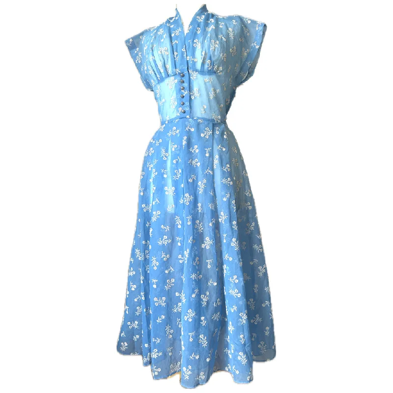 Mega Deal Cornflower blue flocked velvet voile 1950s vintage dress
