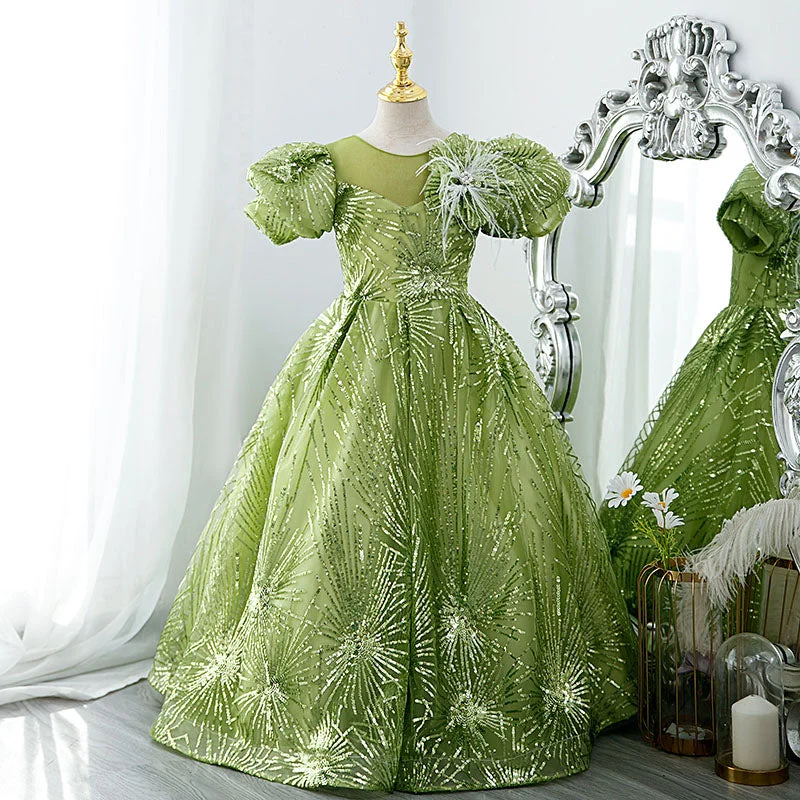 Members Only Flower Girl Dress Children Communion Light Green Sequined Puff Sleeves Princess Dress