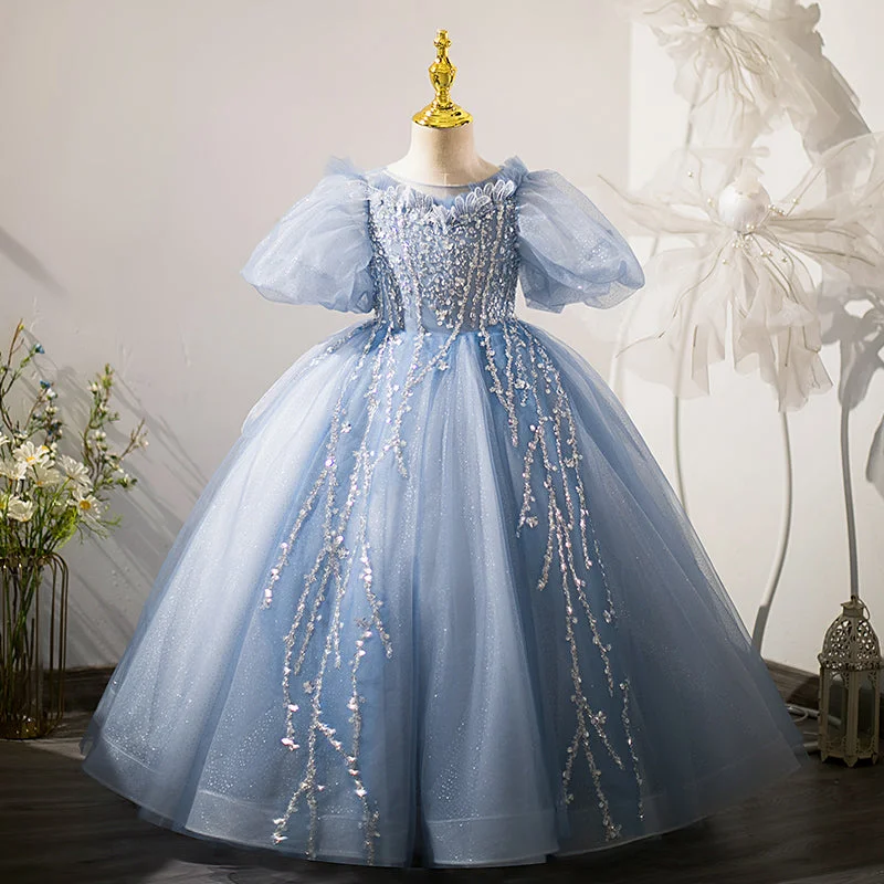 Exclusive Online Offer Girl Princess Dress Children Elegant Blue Sequins Trailing Birthday Party Communion Dress