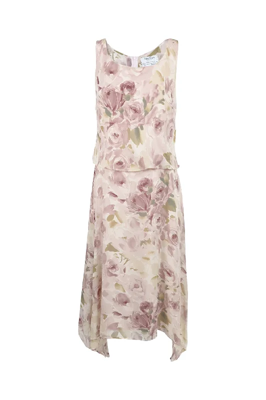 Price Drop Alert Vintage Pastel Sheer Floral Pure Silk Chiffon Blouson Dress, 1990s